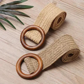 Straw Belt with Wooden Buckle