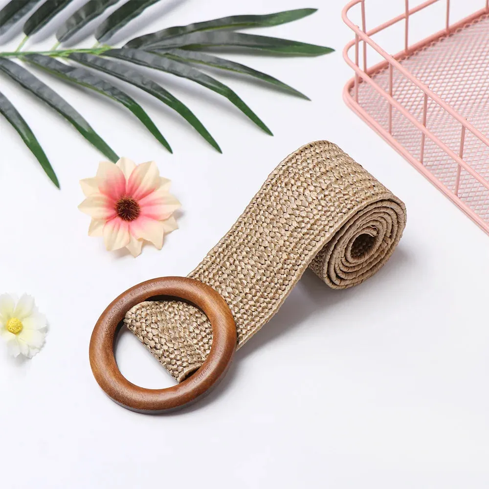 Straw Belt with Wooden Buckle