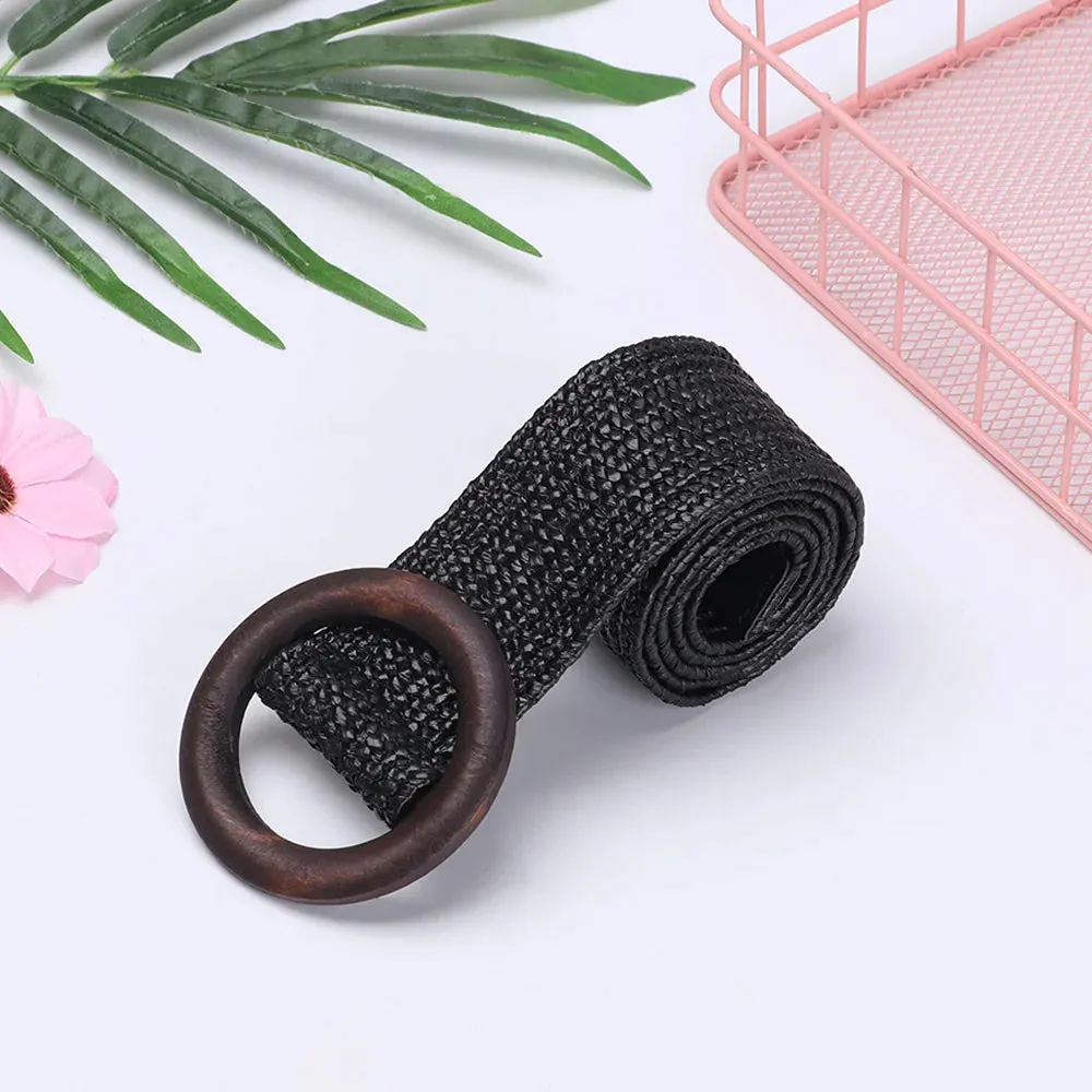 Straw Belt with Wooden Buckle
