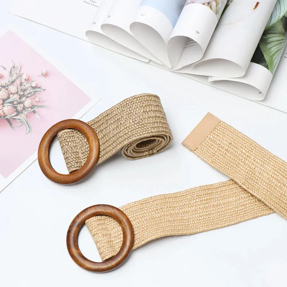 Straw Belt with Wooden Buckle
