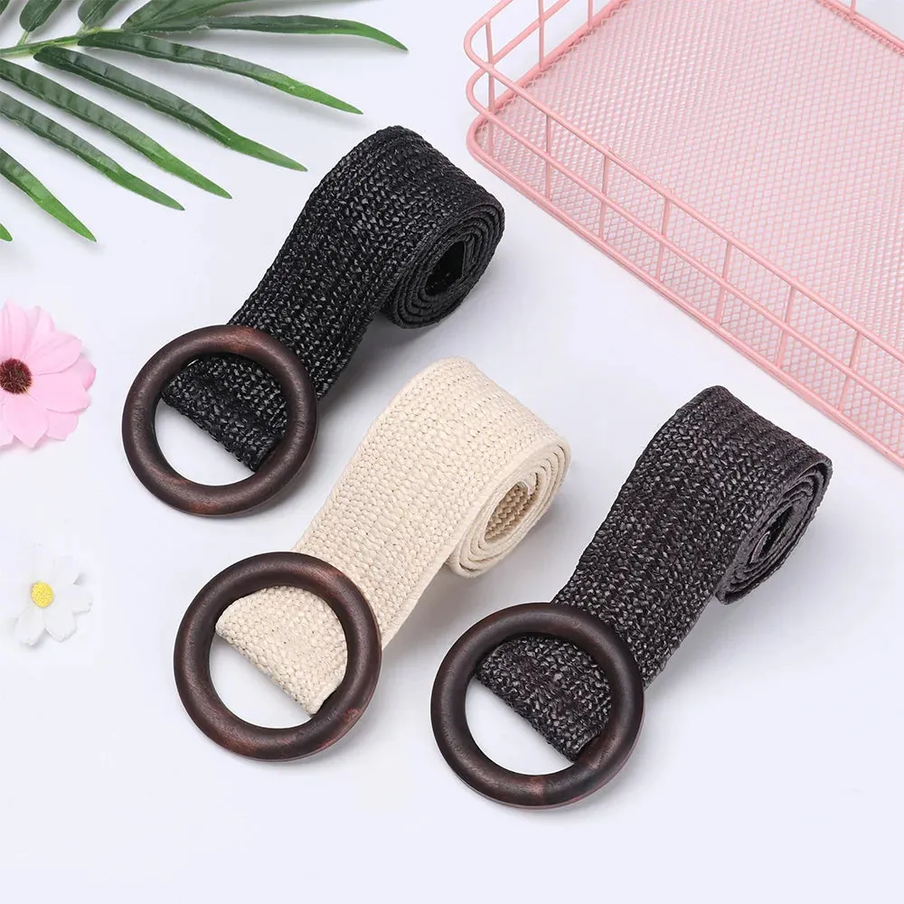 Straw Belt with Wooden Buckle