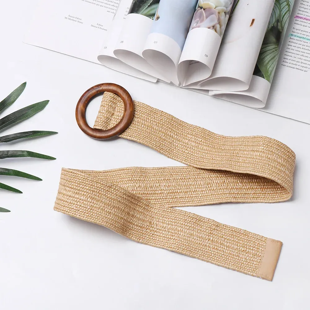 Straw Belt with Wooden Buckle