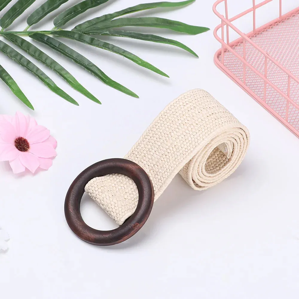 Straw Belt with Wooden Buckle