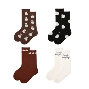 Sweetnana 4-Pack Autumn and Winter Children's Cotton Socks, Cartoon, Cute, Warm, Daily Wear Mid-calf Socks.