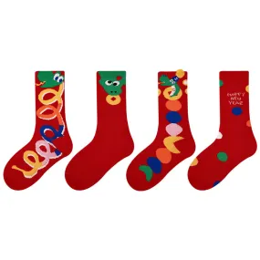 Sweetnana 4-Pack New Year Red Cotton Crew Socks Children's Socks Chinese Natal Year Socks New Year of the Snake