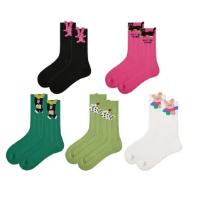 Sweetnana 5-Pack "Cute Summer" Series Women's Cotton Socks with Cartoon Pattern, Hollow Stripes Design, Cute, Thin, Mid-calf Seamless Socks for Spring and Summer, Multiple Colors Available.