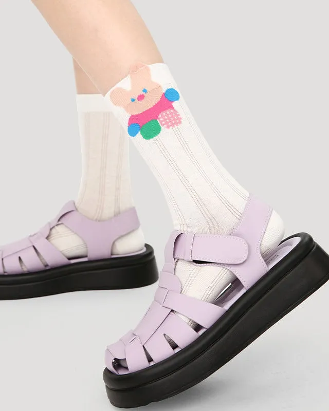 Sweetnana 5-Pack "Cute Summer" Series Women's Cotton Socks with Cartoon Pattern, Hollow Stripes Design, Cute, Thin, Mid-calf Seamless Socks for Spring and Summer, Multiple Colors Available.