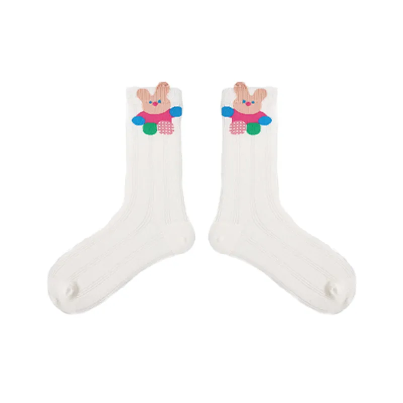 Sweetnana 5-Pack "Cute Summer" Series Women's Cotton Socks with Cartoon Pattern, Hollow Stripes Design, Cute, Thin, Mid-calf Seamless Socks for Spring and Summer, Multiple Colors Available.