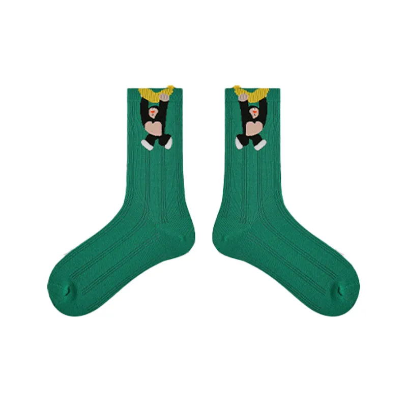 Sweetnana 5-Pack "Cute Summer" Series Women's Cotton Socks with Cartoon Pattern, Hollow Stripes Design, Cute, Thin, Mid-calf Seamless Socks for Spring and Summer, Multiple Colors Available.
