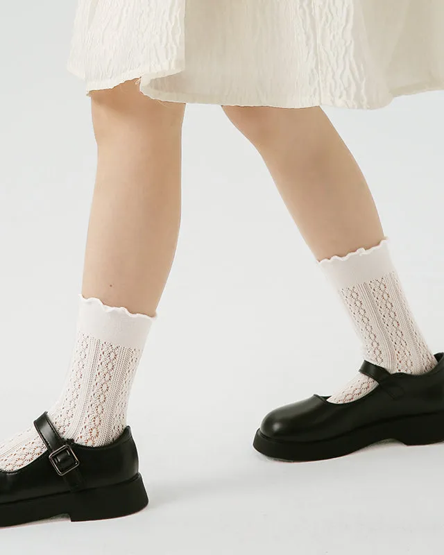 Sweetnana Children's Mesh Crew Socks: Luscious Crimping Cuff with Hollow Pattern Design, Thin and Breathable for Spring/Summer.