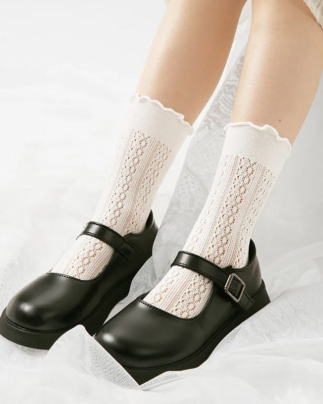 Sweetnana Children's Mesh Crew Socks: Luscious Crimping Cuff with Hollow Pattern Design, Thin and Breathable for Spring/Summer.
