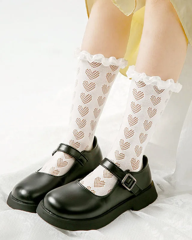 Sweetnana Elegant Children's Crew Socks: Princess Style Socks with Hollow Love Pattern and Cuff Crimping Design, Breathable and Comfort, Thin Trendy Socks.