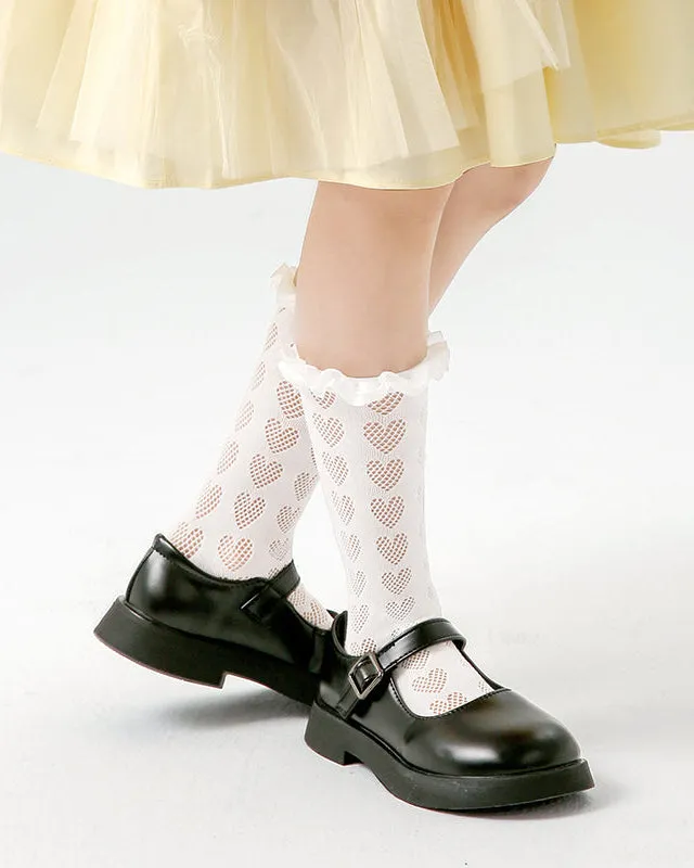 Sweetnana Elegant Children's Crew Socks: Princess Style Socks with Hollow Love Pattern and Cuff Crimping Design, Breathable and Comfort, Thin Trendy Socks.
