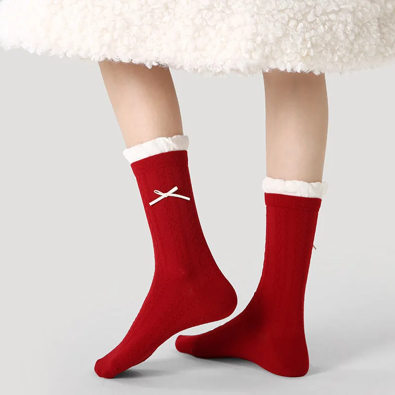 Sweetnana Socks for Women Red Festive New Year Socks Autumn and Winter Cotton Socks Ballet Style Pile Crew Socks