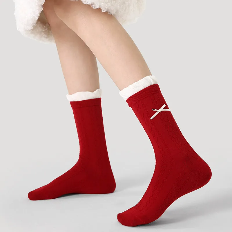 Sweetnana Socks for Women Red Festive New Year Socks Autumn and Winter Cotton Socks Ballet Style Pile Crew Socks