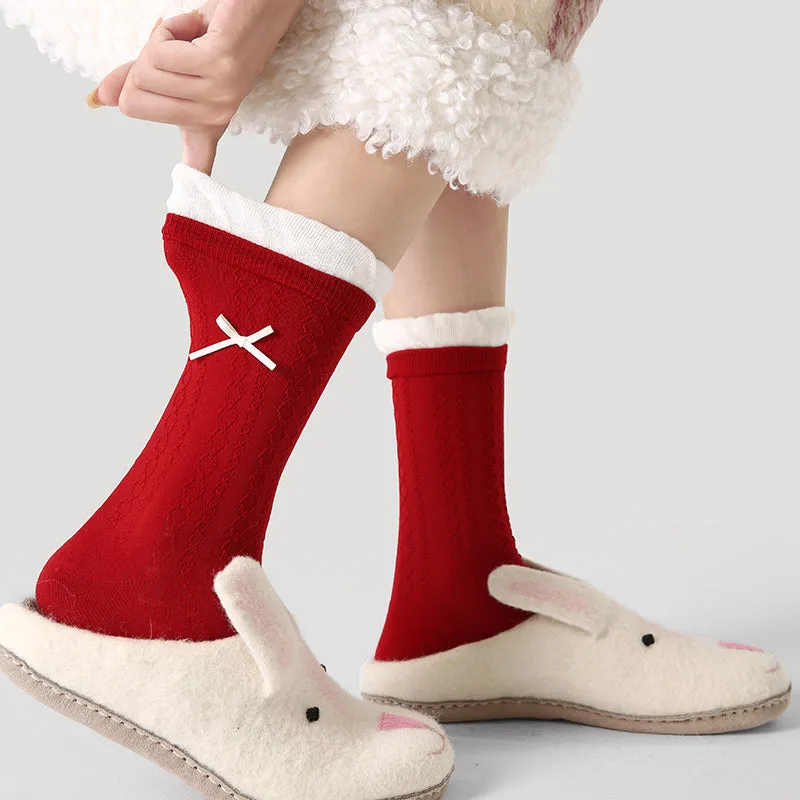 Sweetnana Socks for Women Red Festive New Year Socks Autumn and Winter Cotton Socks Ballet Style Pile Crew Socks