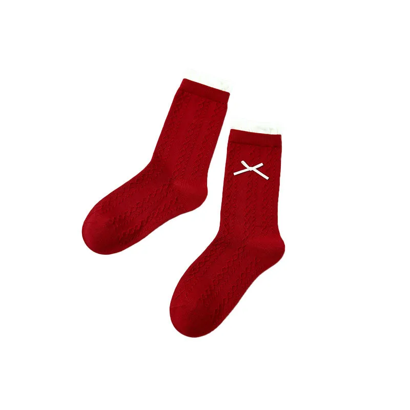 Sweetnana Socks for Women Red Festive New Year Socks Autumn and Winter Cotton Socks Ballet Style Pile Crew Socks