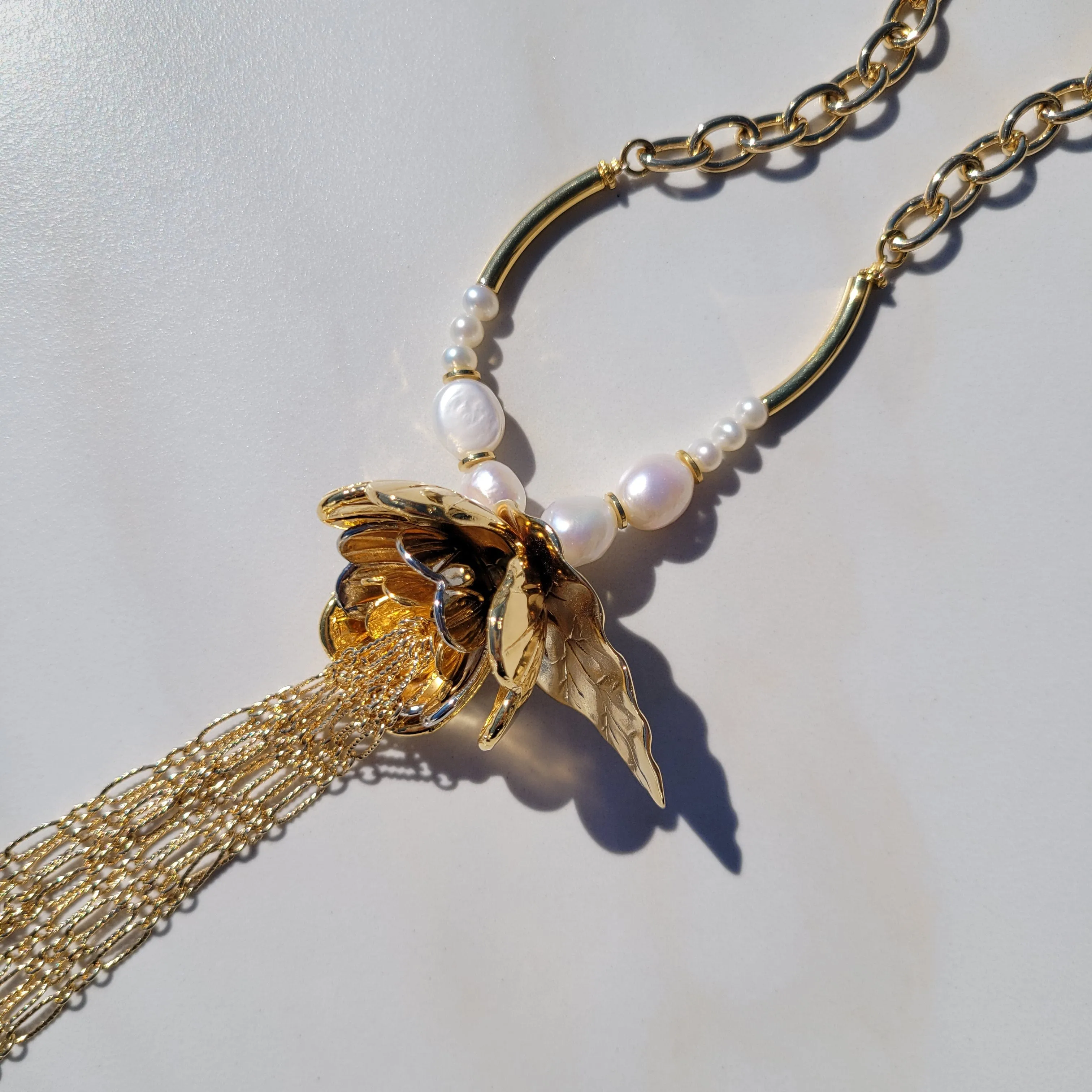 Sylvie Gabrielli Golden Dancing Trillium Flower Pearl Necklace with Vintage Elements for Women