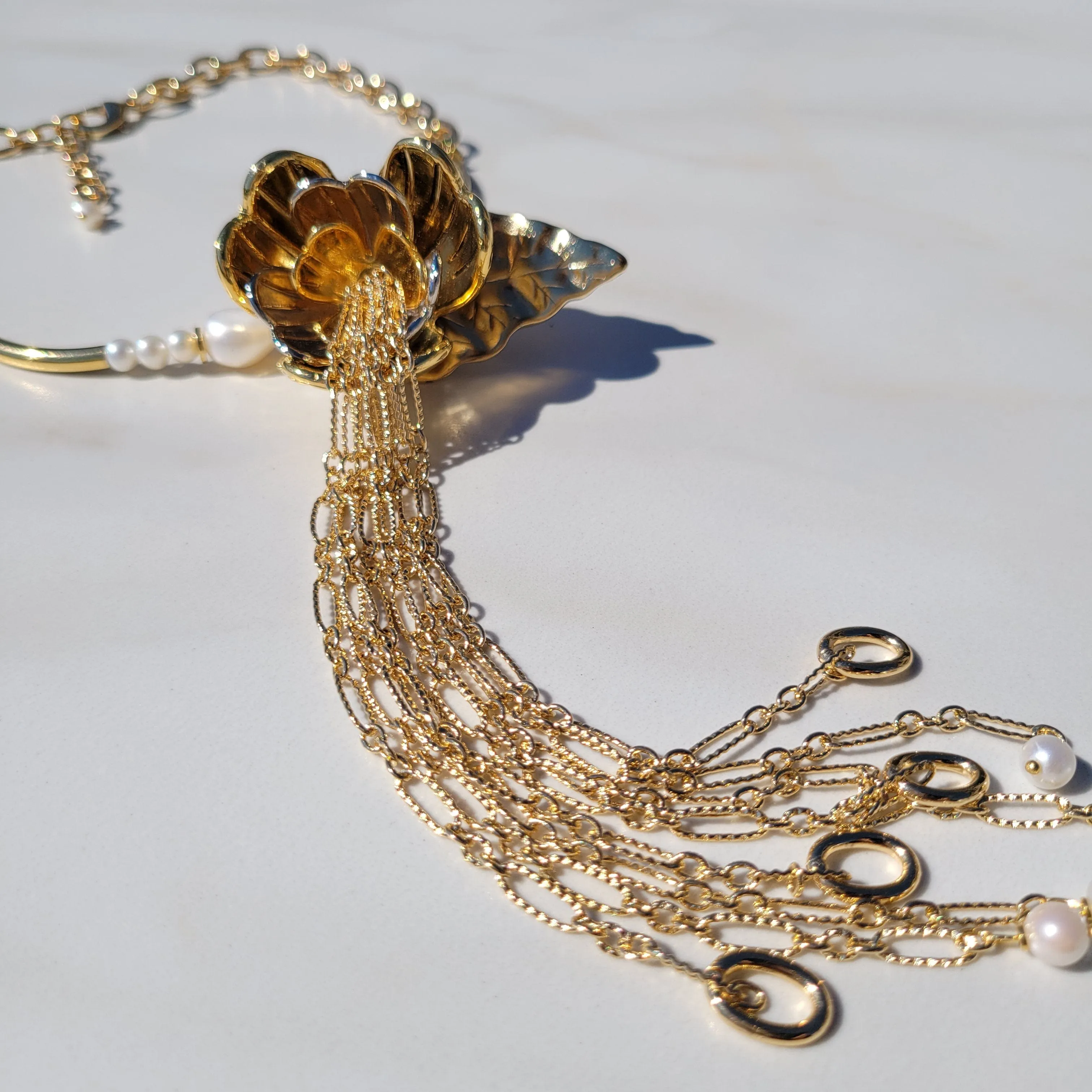 Sylvie Gabrielli Golden Dancing Trillium Flower Pearl Necklace with Vintage Elements for Women