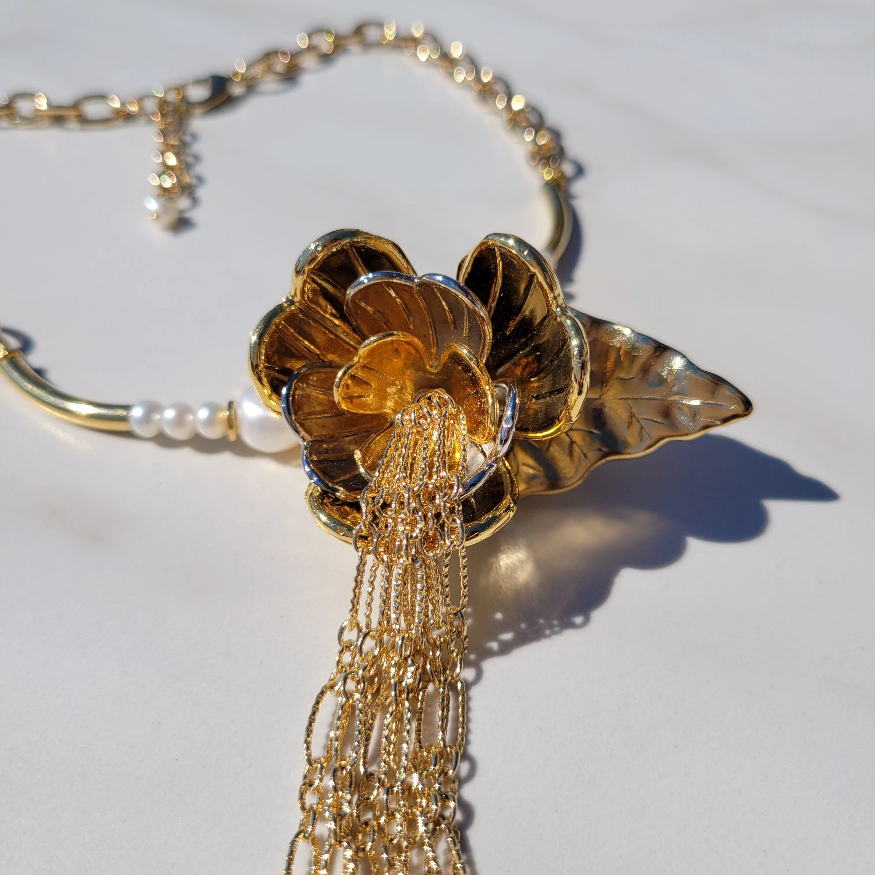 Sylvie Gabrielli Golden Dancing Trillium Flower Pearl Necklace with Vintage Elements for Women