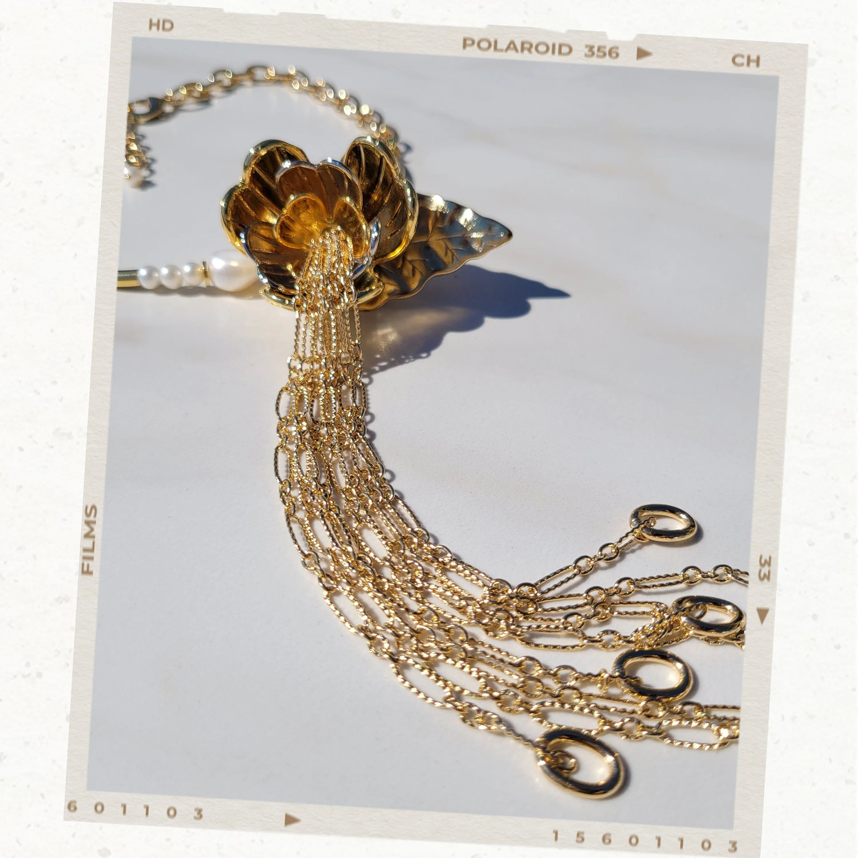 Sylvie Gabrielli Golden Dancing Trillium Flower Pearl Necklace with Vintage Elements for Women