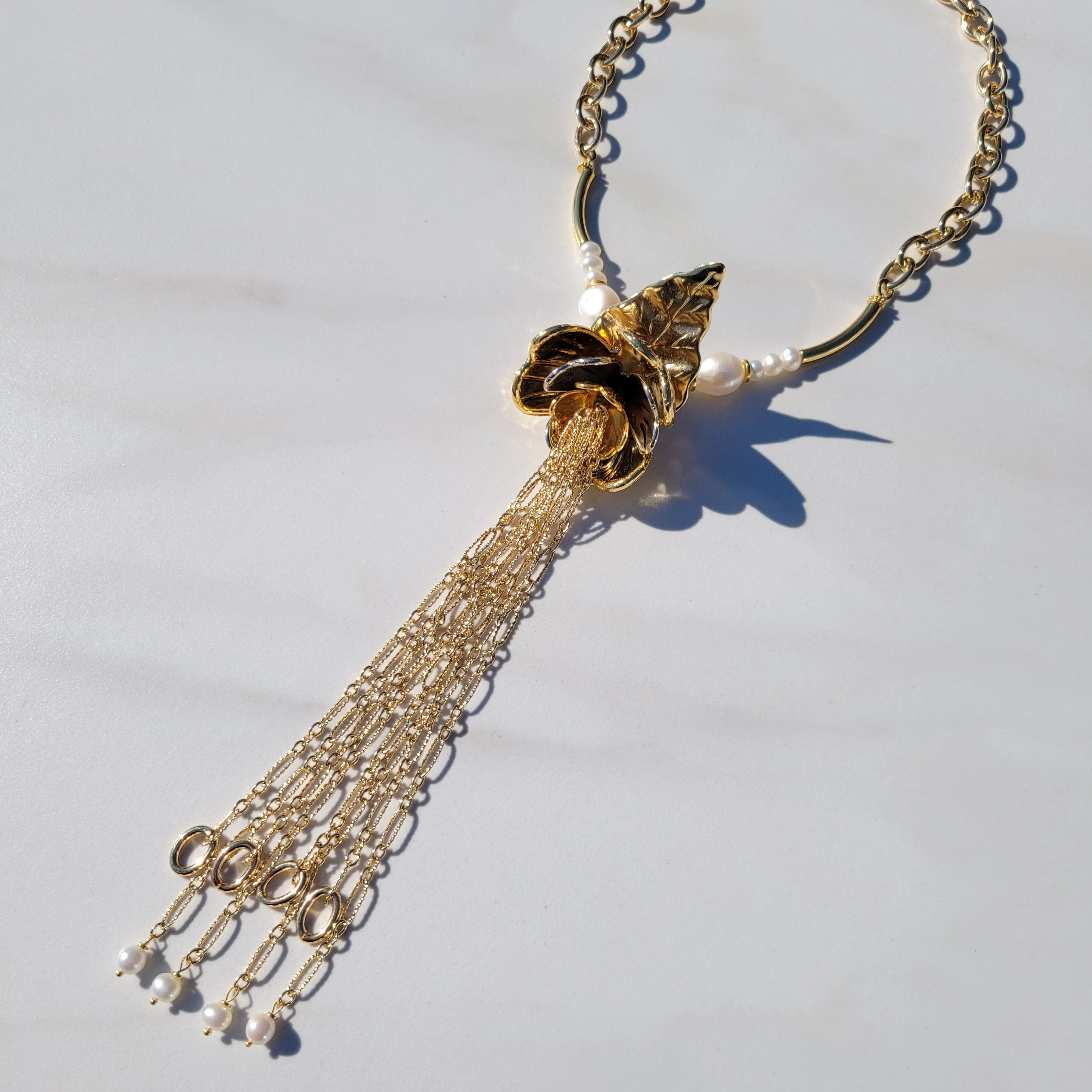 Sylvie Gabrielli Golden Dancing Trillium Flower Pearl Necklace with Vintage Elements for Women