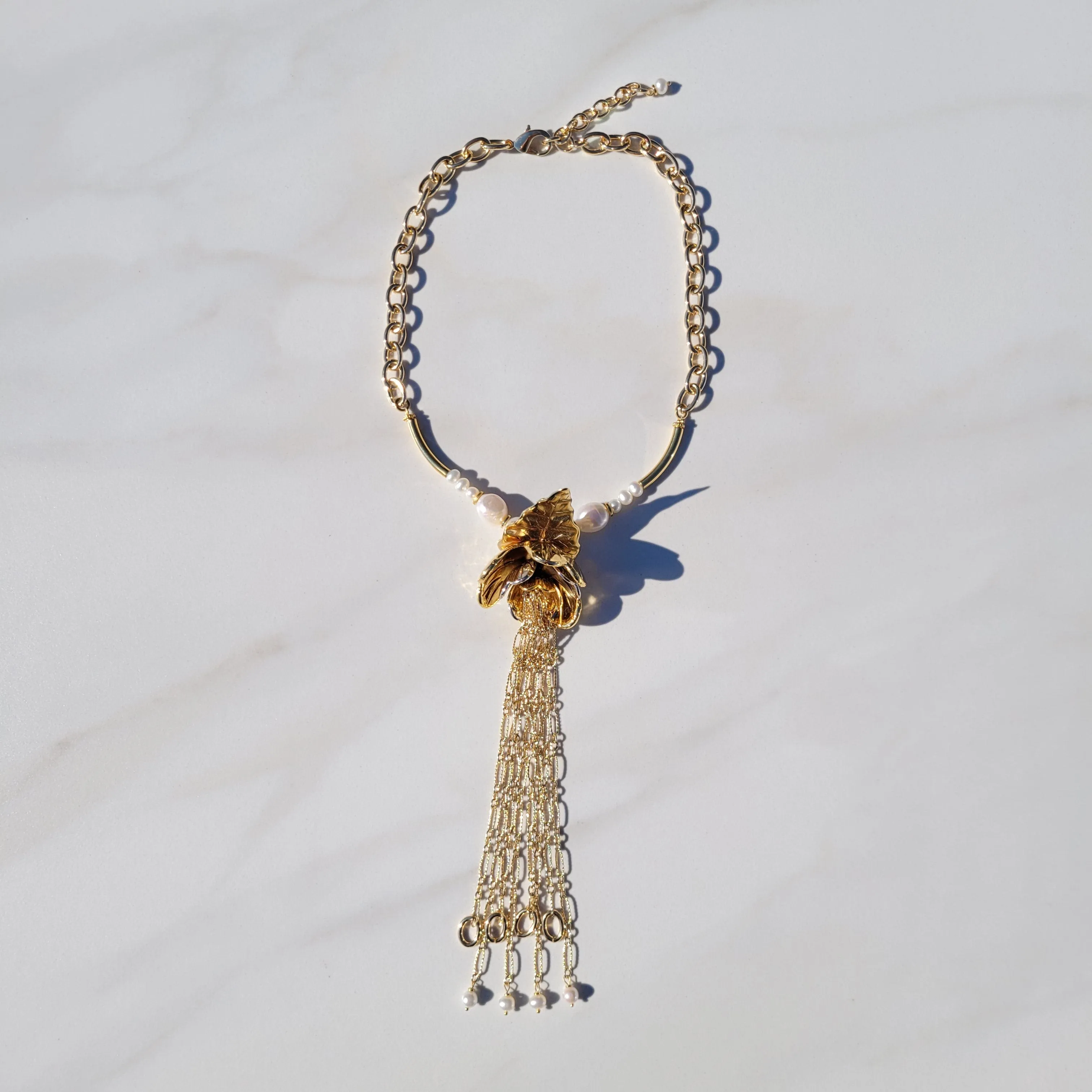 Sylvie Gabrielli Golden Dancing Trillium Flower Pearl Necklace with Vintage Elements for Women