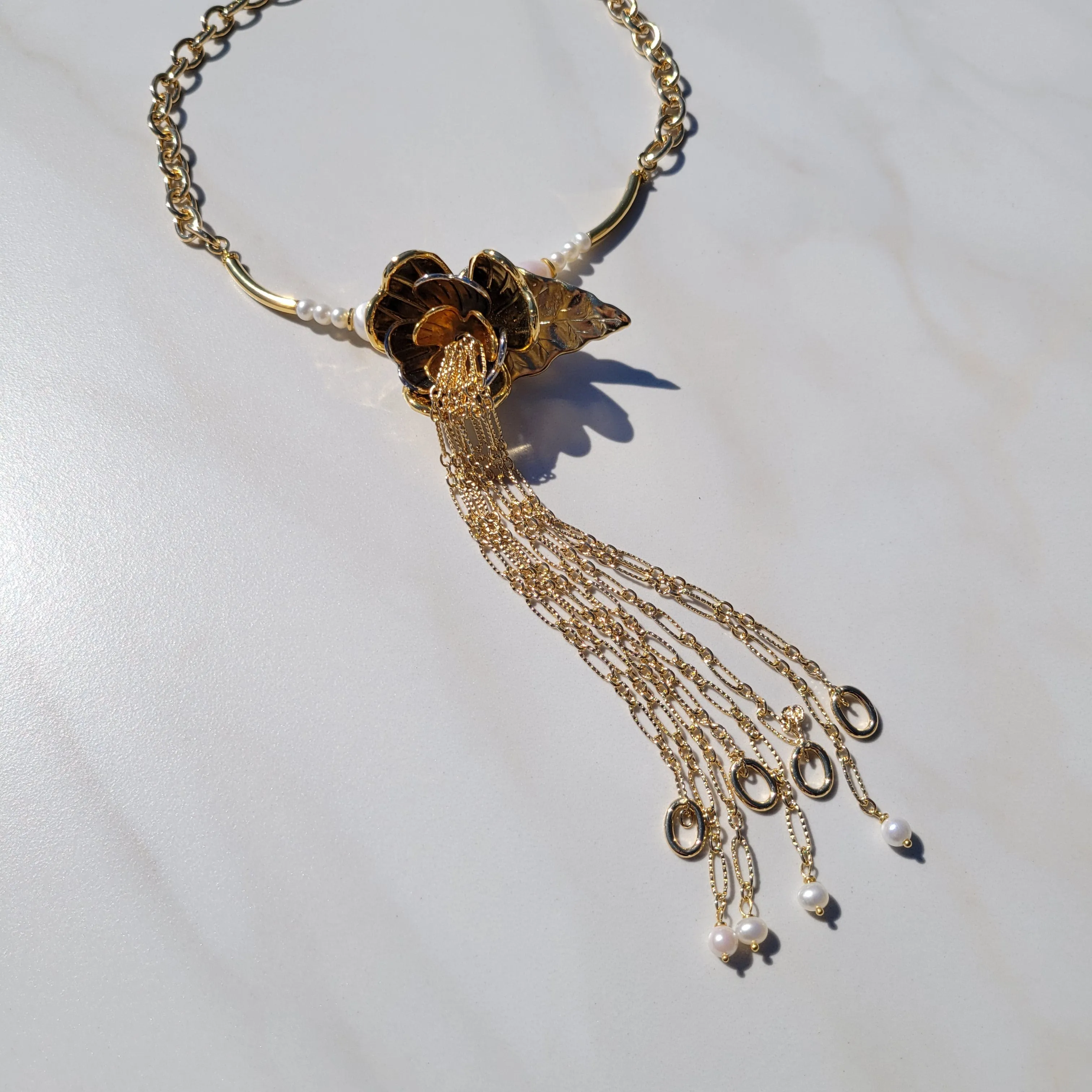 Sylvie Gabrielli Golden Dancing Trillium Flower Pearl Necklace with Vintage Elements for Women