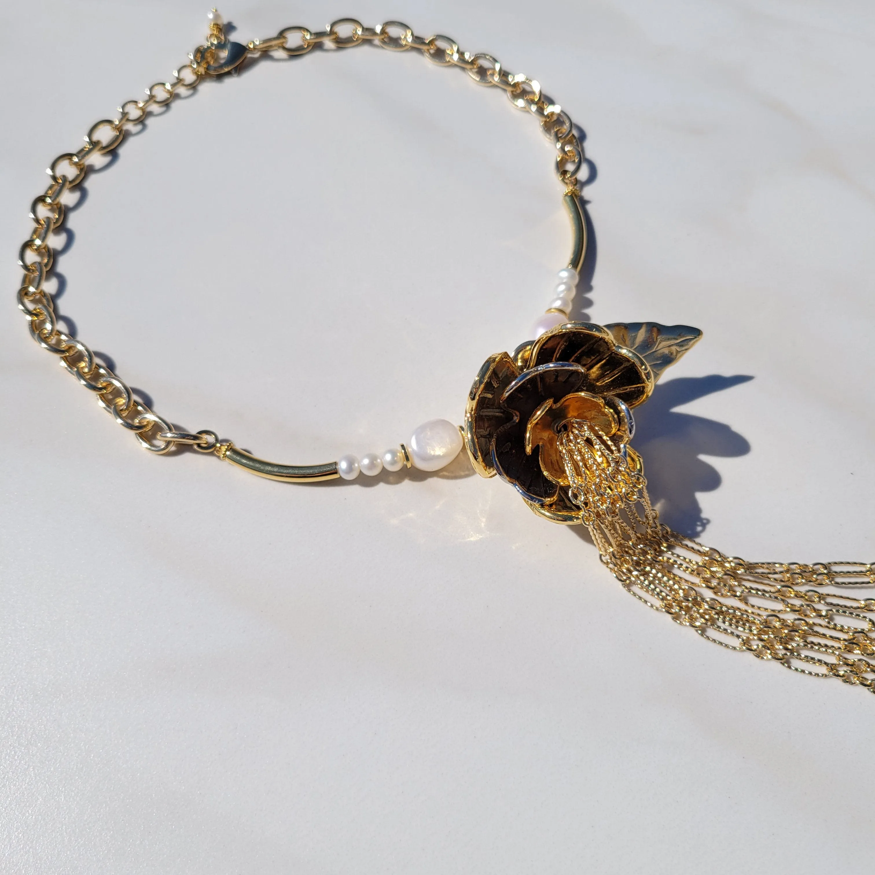 Sylvie Gabrielli Golden Dancing Trillium Flower Pearl Necklace with Vintage Elements for Women