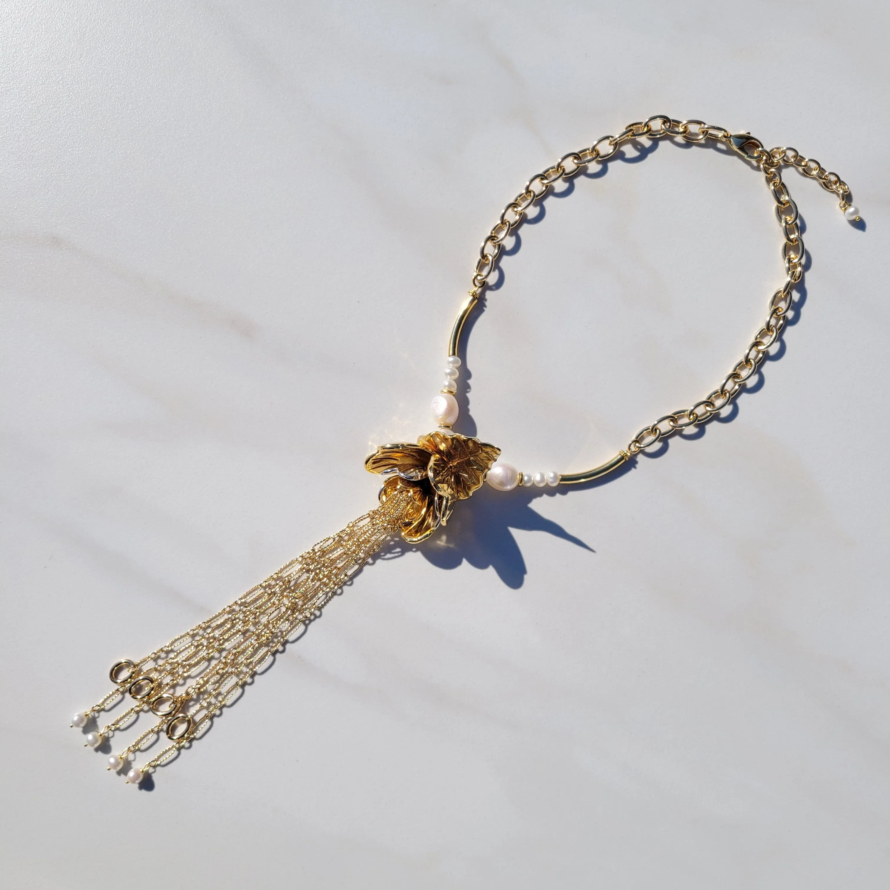Sylvie Gabrielli Golden Dancing Trillium Flower Pearl Necklace with Vintage Elements for Women