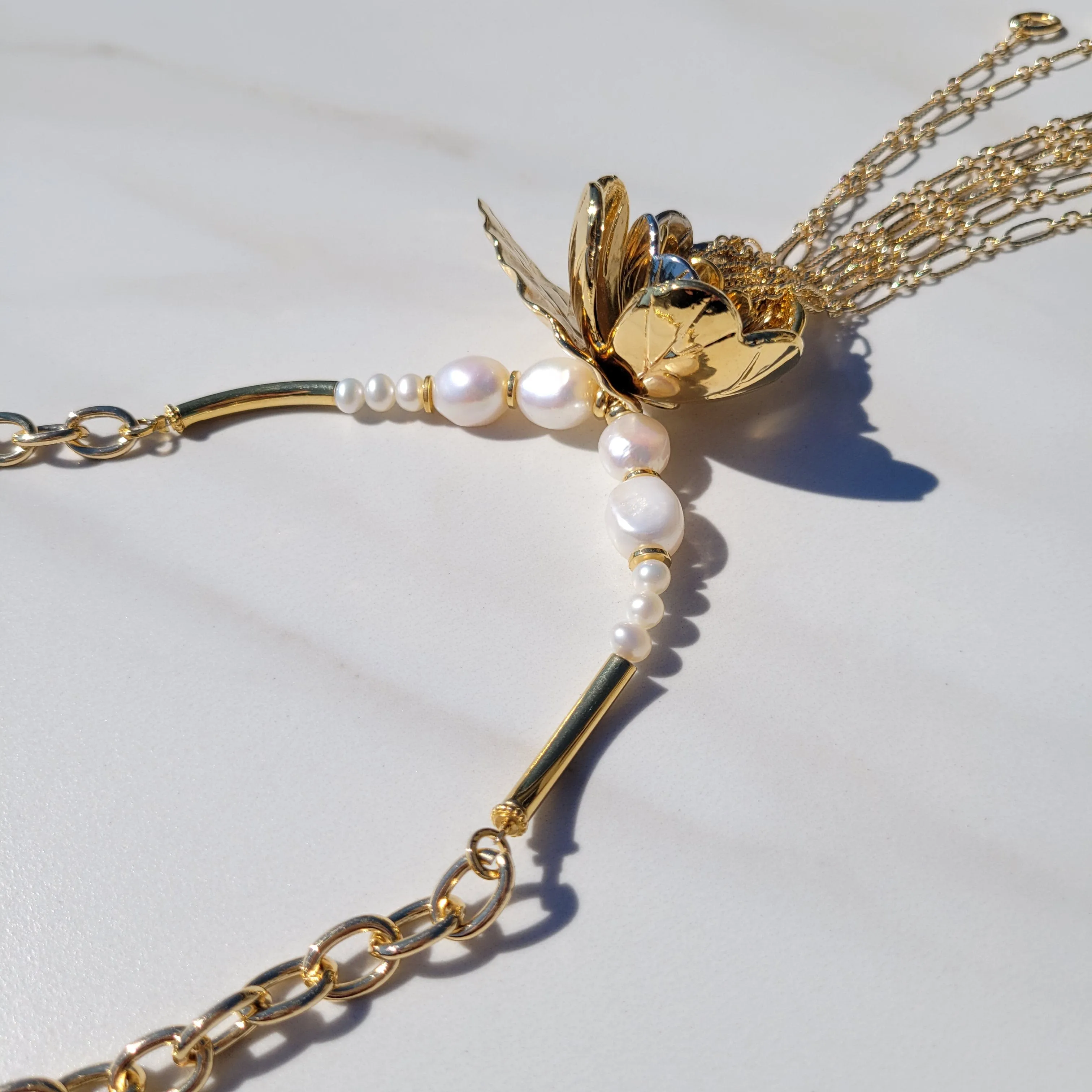 Sylvie Gabrielli Golden Dancing Trillium Flower Pearl Necklace with Vintage Elements for Women