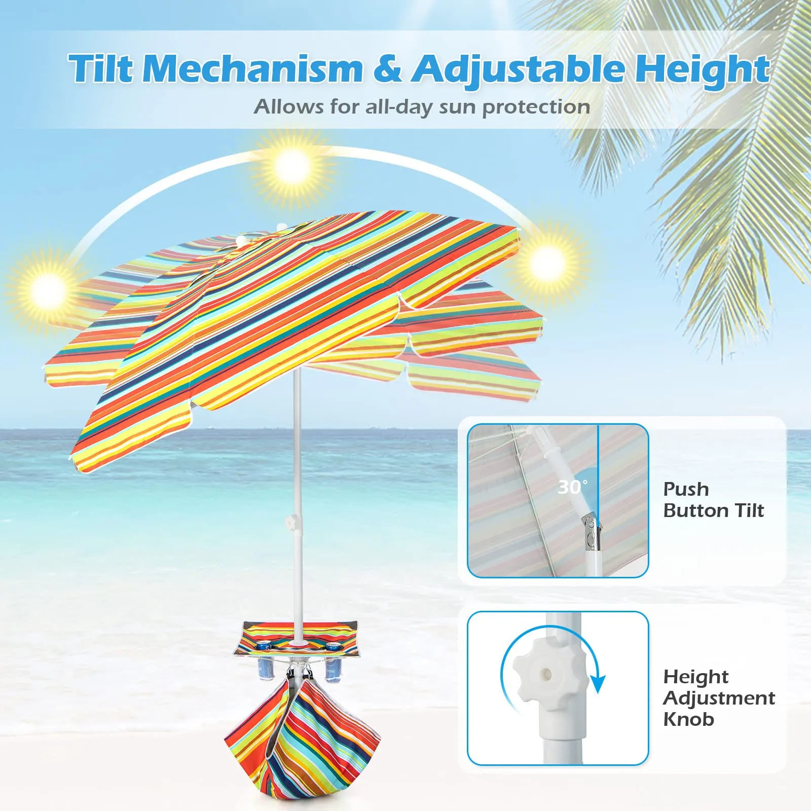 Tangkula 6.5 FT Beach Umbrella with Table, Windproof Ventilated Sunshade Shelter with Tilt Mechanism