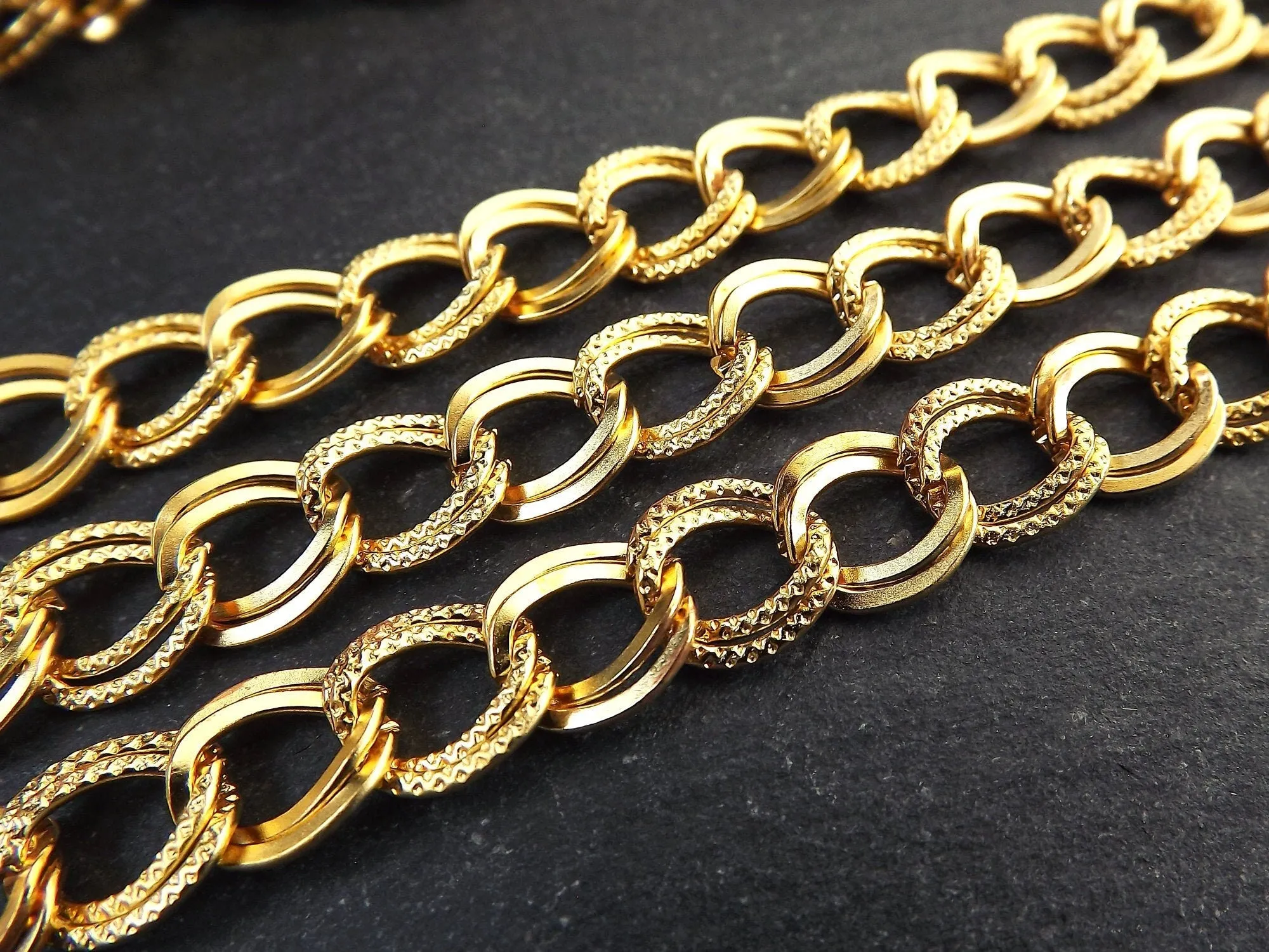Twisted Double Link Textured Pressed Curb Chain, Jewelry Making Chain, Large Chains, Tarnish Resistant, 22k Matte Gold Plated, 1 Meter