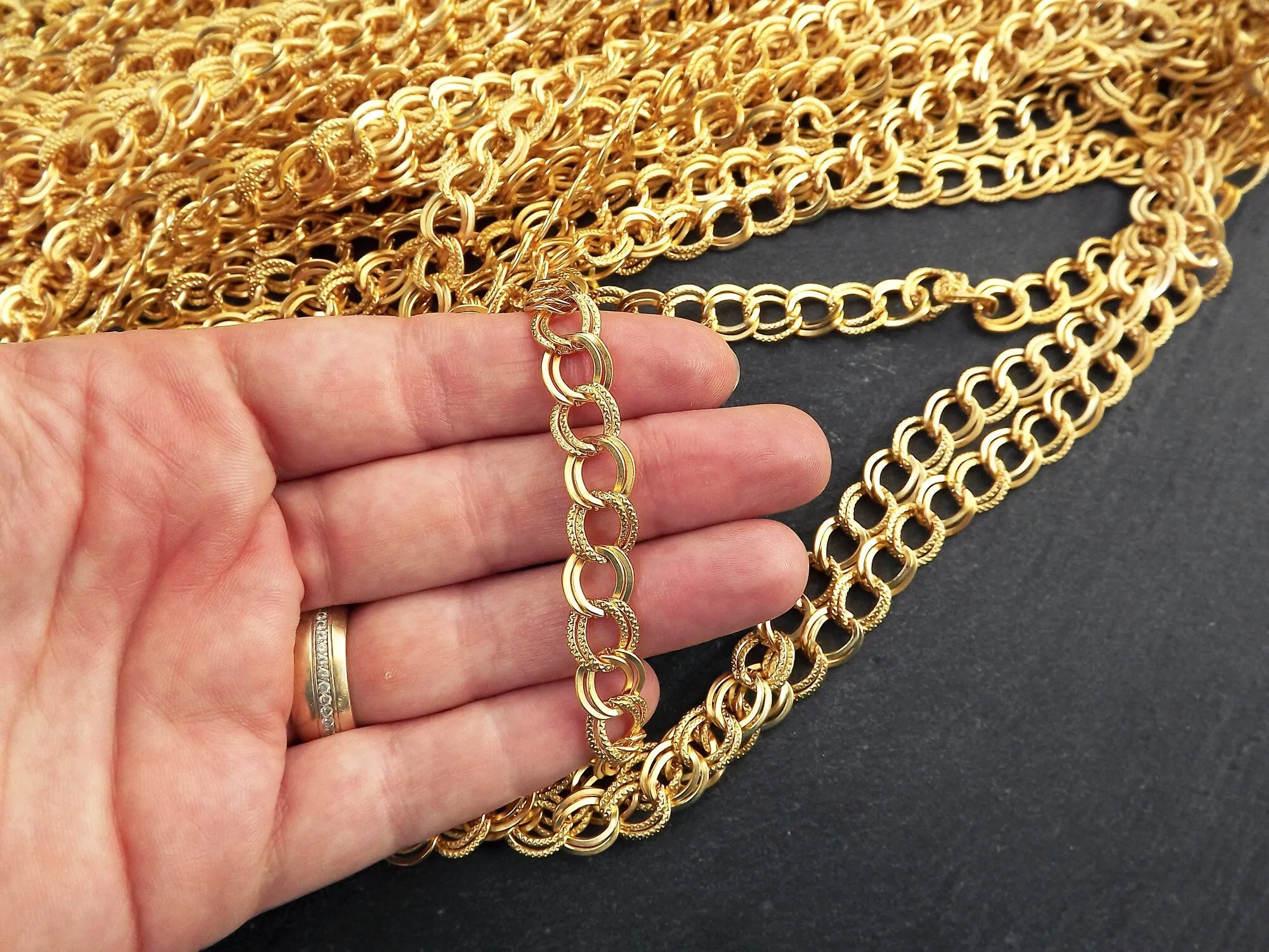 Twisted Double Link Textured Pressed Curb Chain, Jewelry Making Chain, Large Chains, Tarnish Resistant, 22k Matte Gold Plated, 1 Meter