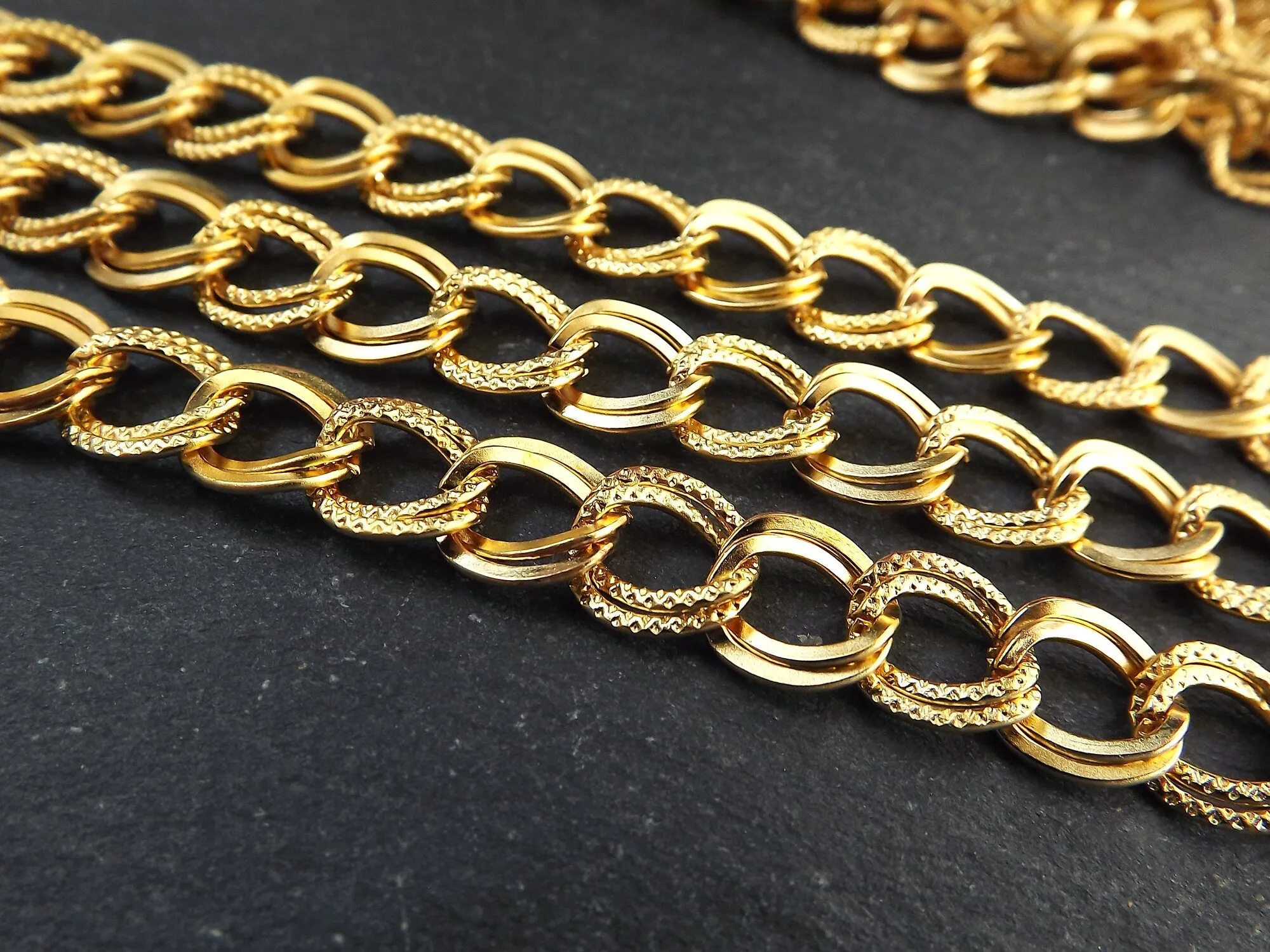 Twisted Double Link Textured Pressed Curb Chain, Jewelry Making Chain, Large Chains, Tarnish Resistant, 22k Matte Gold Plated, 1 Meter