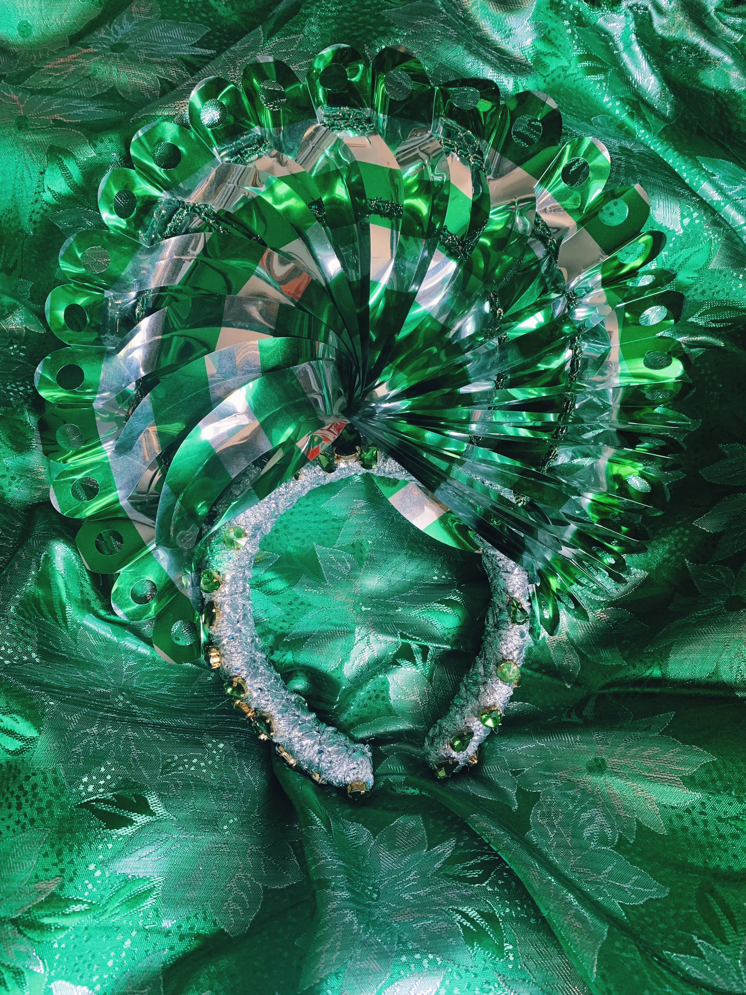 Vintage green and silver Fan foil Gem Headpiece