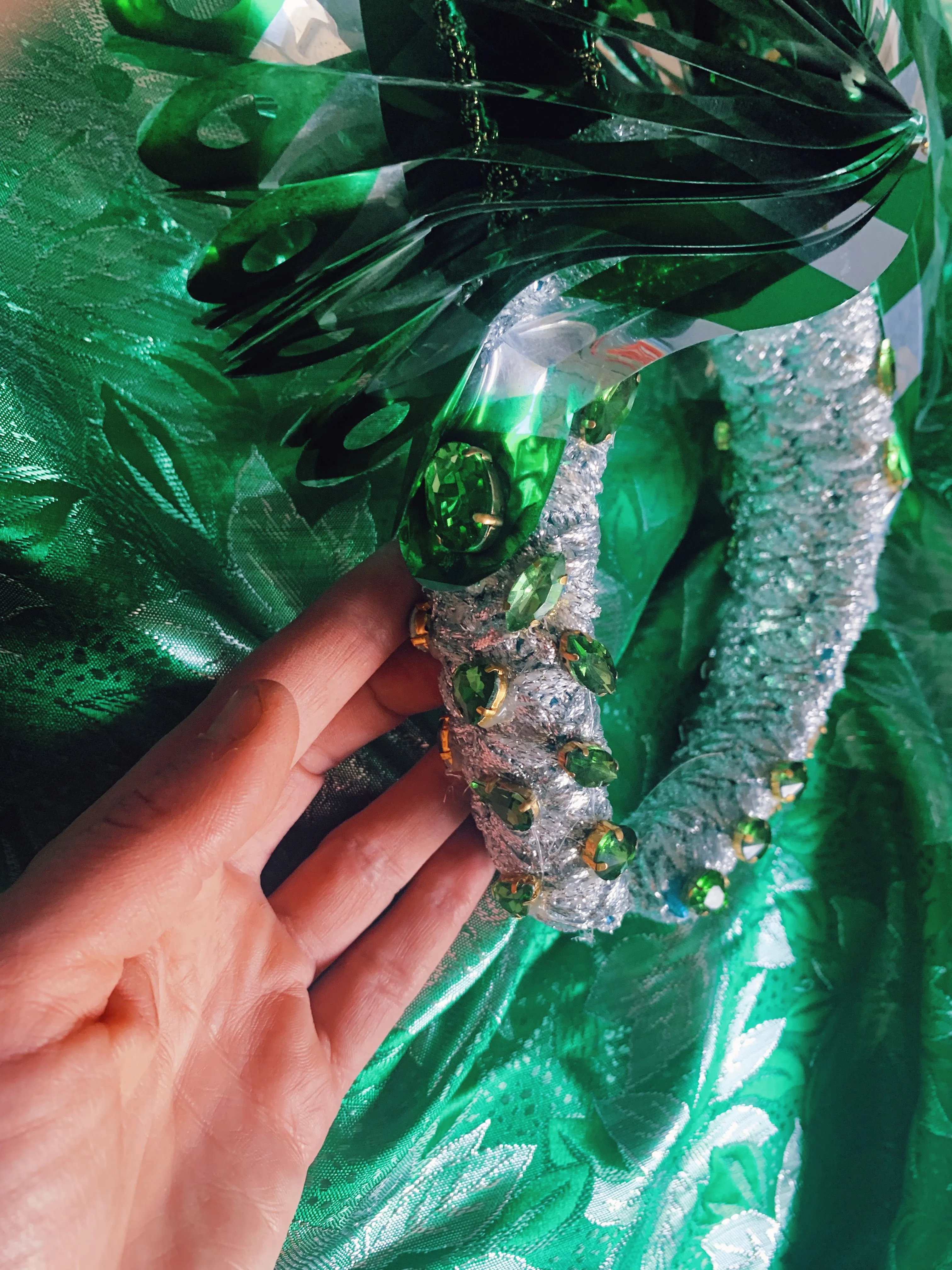 Vintage green and silver Fan foil Gem Headpiece