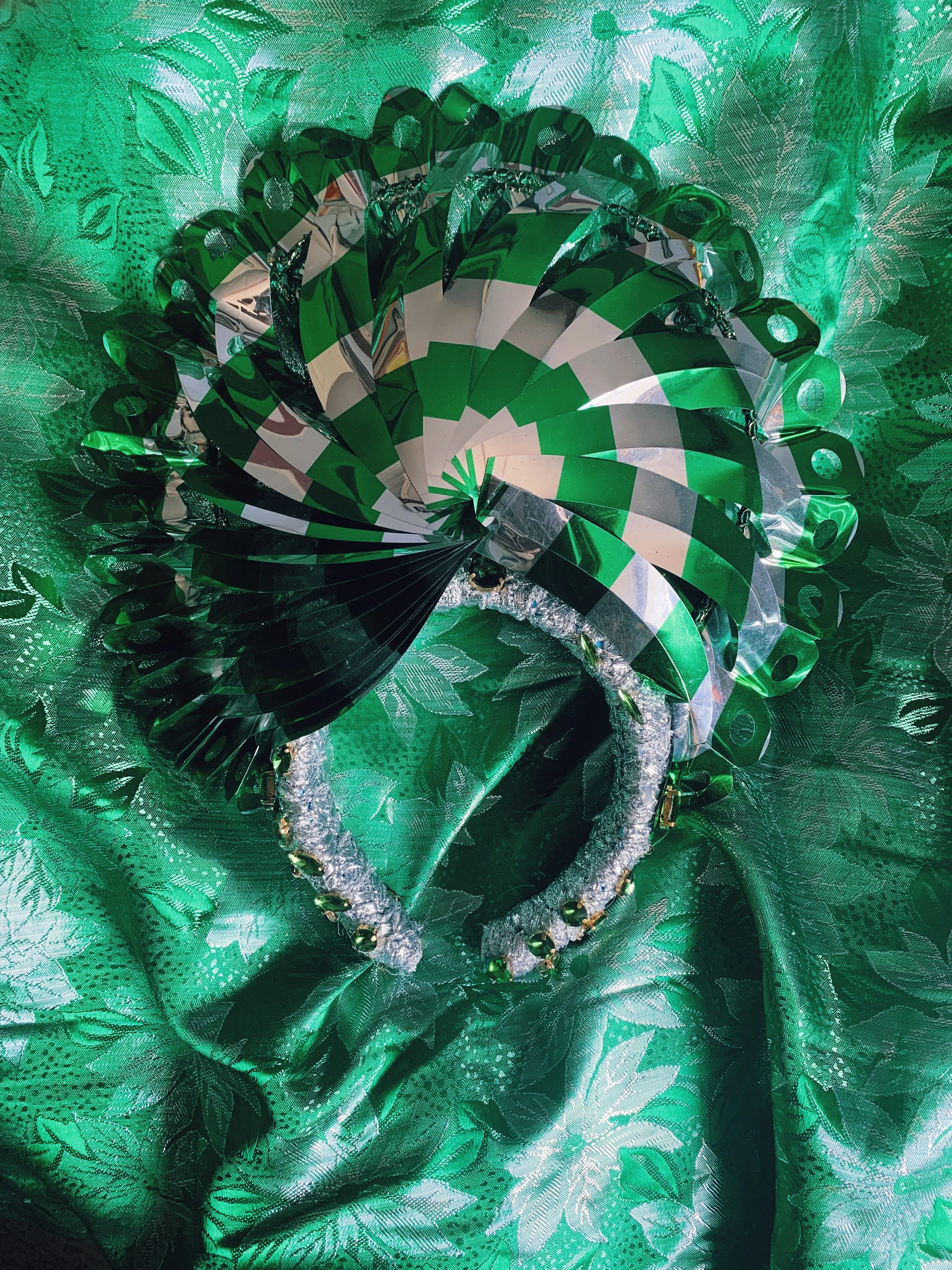 Vintage green and silver Fan foil Gem Headpiece
