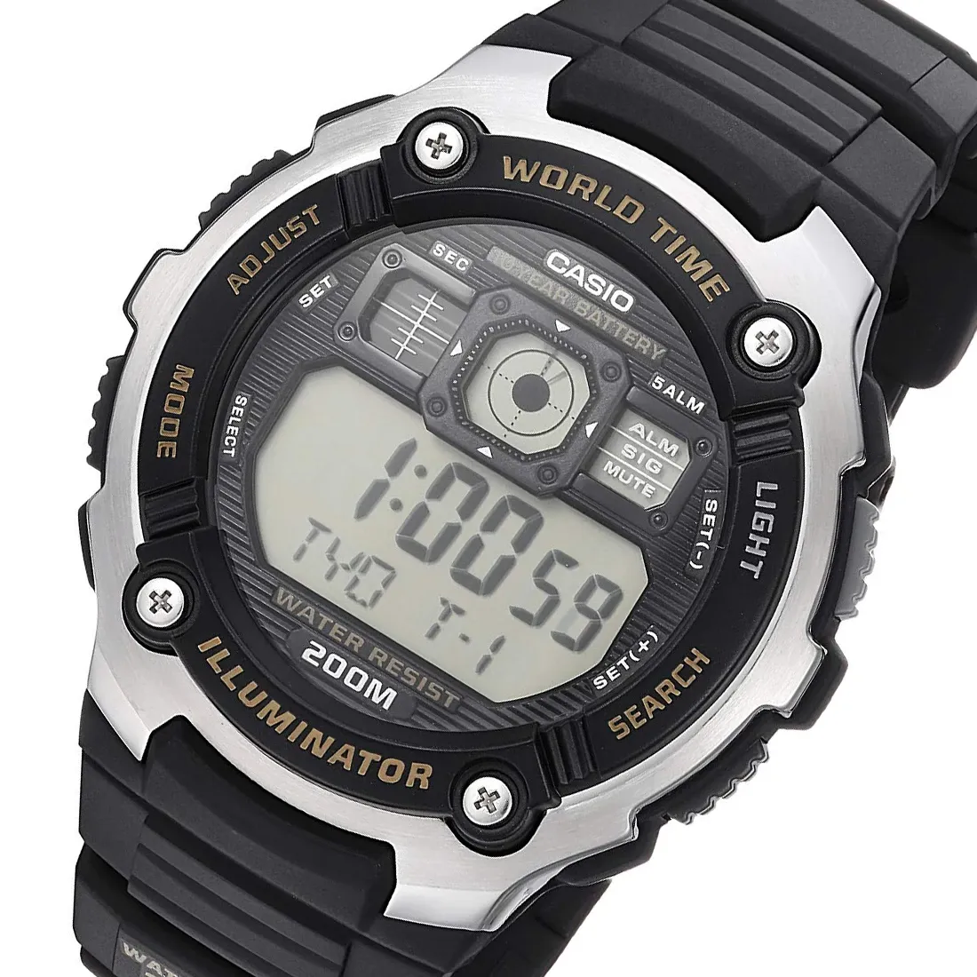 WW1303 Casio Youth World Time Digital Resin Belt Watch AE-2000W-9AVDF