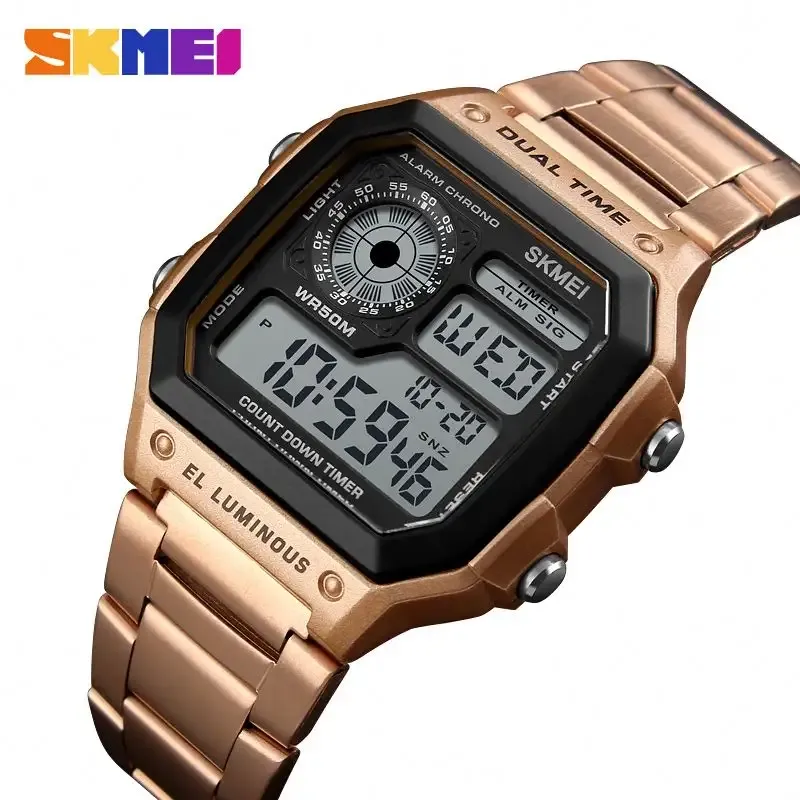 WW1853 Skmei Dual Time Digital Rose Gold Chain Watch 1335