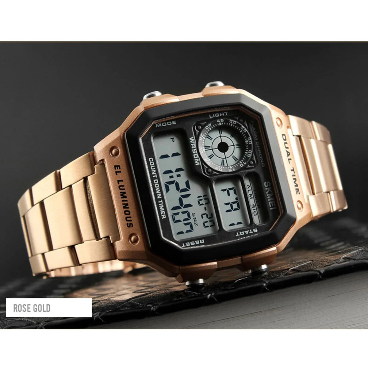 WW1853 Skmei Dual Time Digital Rose Gold Chain Watch 1335
