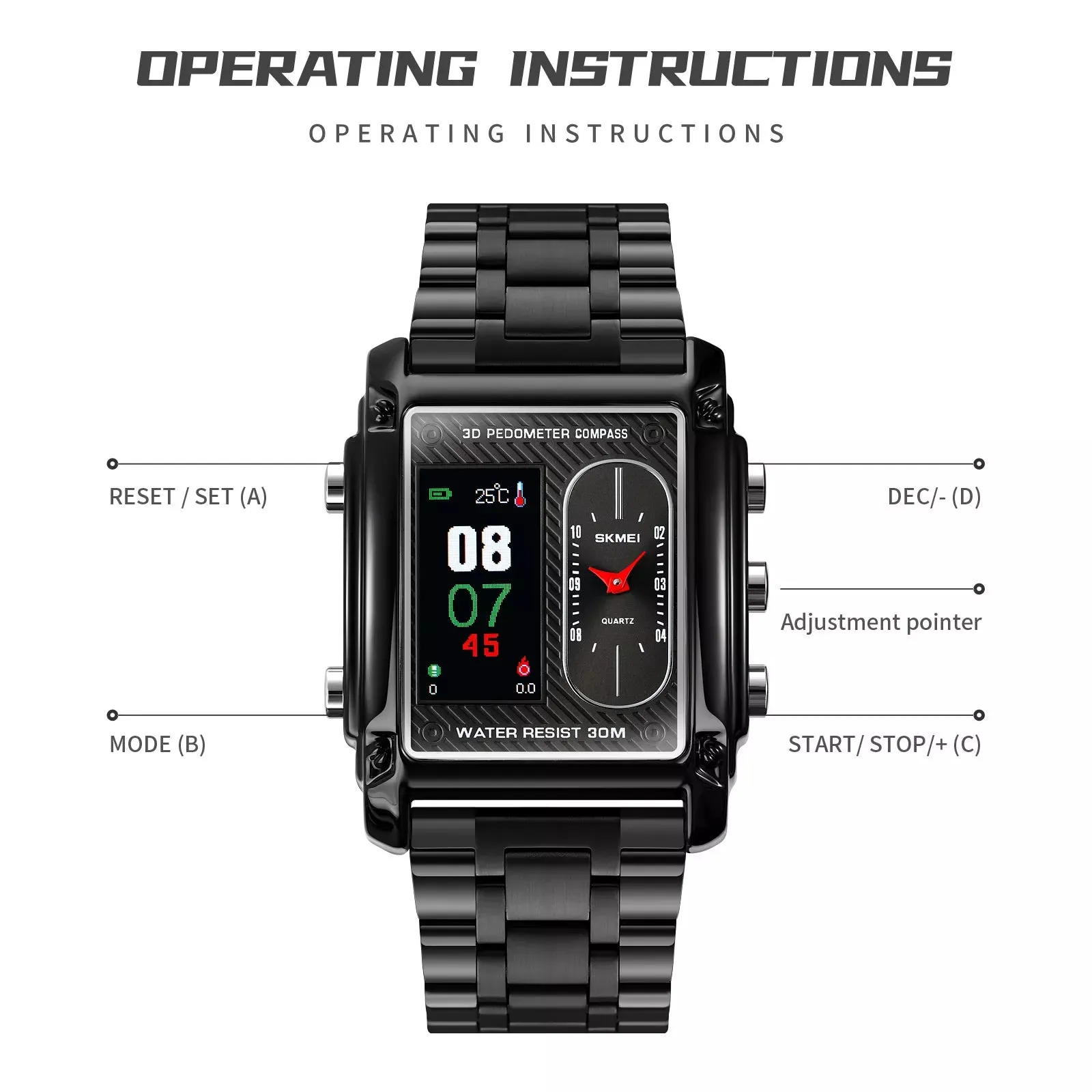 WW1864 Skmei Dual Time Pedometer Compass Black Chain Watch 1802