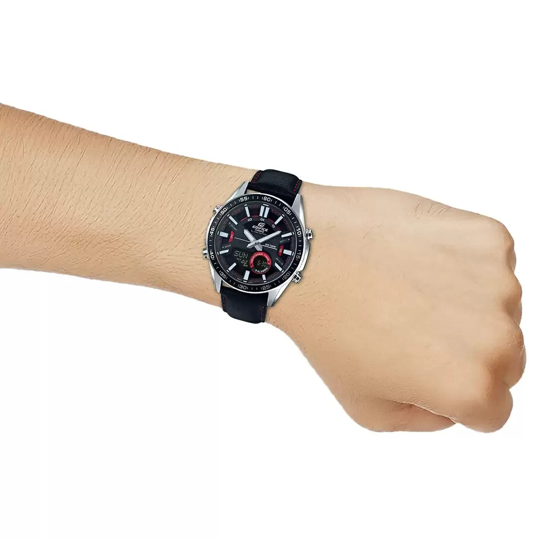 WW2072 Casio Edifice Analog Digital Stainless Steel Silver Leather Belt Watch EFV-C100L-1AVDF