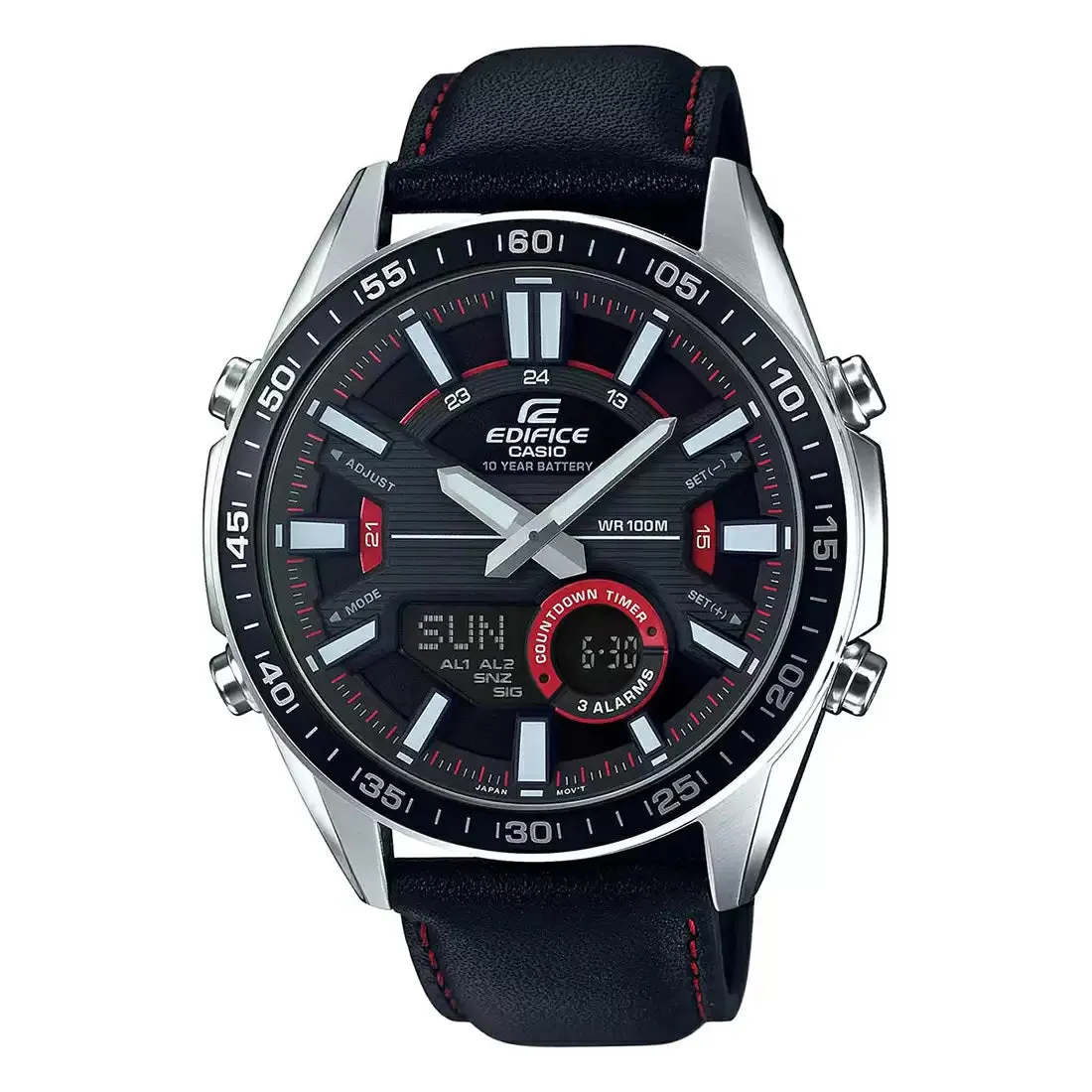 WW2072 Casio Edifice Analog Digital Stainless Steel Silver Leather Belt Watch EFV-C100L-1AVDF