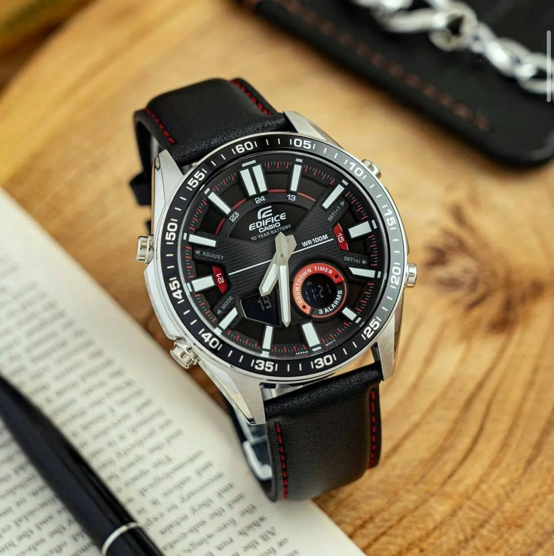 WW2072 Casio Edifice Analog Digital Stainless Steel Silver Leather Belt Watch EFV-C100L-1AVDF