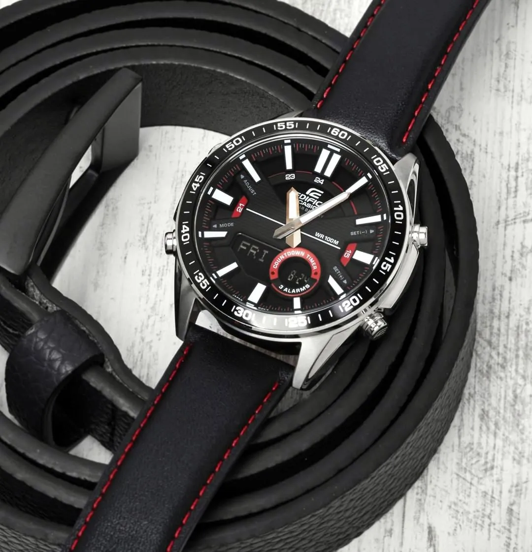 WW2072 Casio Edifice Analog Digital Stainless Steel Silver Leather Belt Watch EFV-C100L-1AVDF